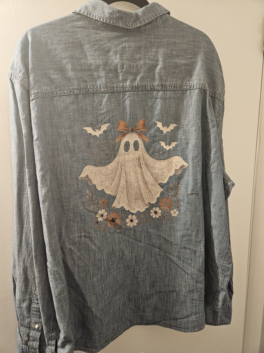 Halloween Fall Ghost Denim Button Down Shirt Boho Lace Ghost